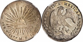 MEXICO. 8 Reales, 1877-Pi MH. San Luis Potosi Mint. NGC MS-64.
KM-377.12; DP-Pi63. Tied with one other example (also in this sale) for finest certifi...