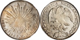 MEXICO. 8 Reales, 1863-Zs MO. Zacatecas Mint. NGC MS-62.
KM-377.13; DP-Zs47. Coin is softly struck in the centers as is typical for this date, lustro...