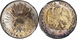 MEXICO. 8 Reales, 1864-Zs MO. Zacatecas Mint. NGC MS-62.
KM-377.13; DP-Zs49. Coin is softly struck as is typical for this date. Exhibits flashy refle...