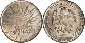 MEXICO. 8 Reales, 1883-Zs JS. Zacatecas Mint. NGC MS-63.
KM-377.13; DP-Zs68. Exhibits full cartwheel luster and a distinctive toning that includes gr...