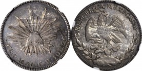 MEXICO. 4 Reales, 1850-C CE. Culiacan Mint. NGC AU-53.
KM-375.1. Remnants of luster reside in the fields with variegated gray and blue color over muc...