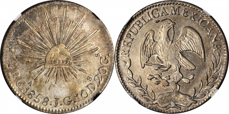 MEXICO. 4 Reales, 1858-Ga JG. Guadalajara Mint. NGC AU-50.
KM-375.2. Lightly ci...
