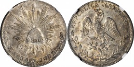 MEXICO. 4 Reales, 1838-Go PJ. Guanajuato Mint. NGC AU-58.
KM-375.4. Impressively preserved with near full detail in the designs, evident luster in th...