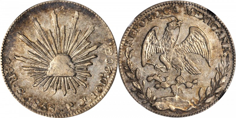 MEXICO. 4 Reales, 1858-Go PF. Guanajuato Mint. NGC EF-40.
KM-375.4. Moderately ...