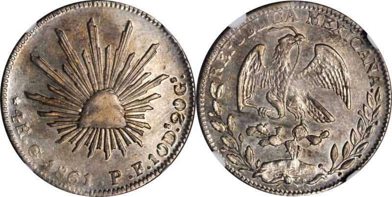 MEXICO. 4 Reales, 1861-Go PF. Guanajuato Mint. NGC AU-58.
KM-375.4. Abundant lu...