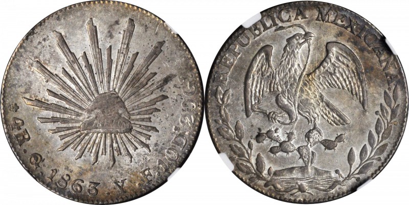 MEXICO. 4 Reales, 1863-Go YF. Guanajuato Mint. NGC AU-58.
KM-375.4. Lustrous in...