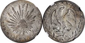 MEXICO. 4 Reales, 1863-Go YF. Guanajuato Mint. NGC AU-58.
KM-375.4. Lustrous in the fields with variable gray toning. A weak die clash on the reverse...