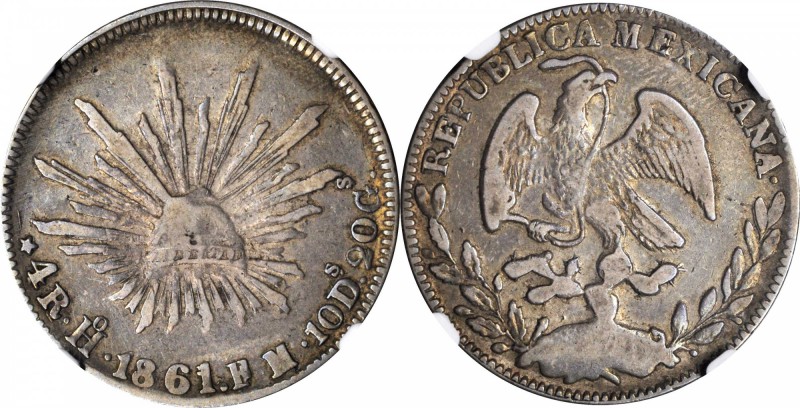 MEXICO. 4 Reales, 1861-Ho FM. Hermosillo Mint. NGC VF-30.
KM-375.5. RARE, with ...