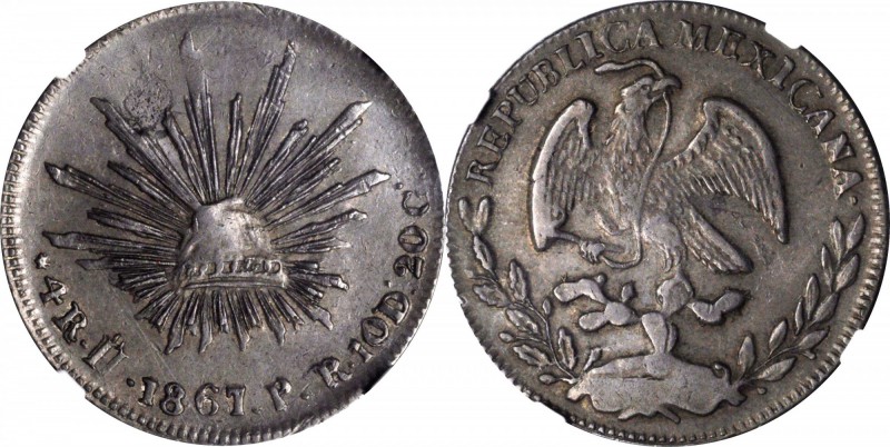 MEXICO. 4 Reales, 1867/1-Ho PR. Hermosillo Mint. NGC EF-40.
KM-375.5. Sharply s...