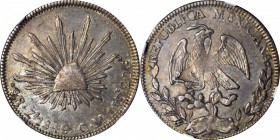 MEXICO. 4 Reales, 1849-Zs OM. Zacatecas Mint. NGC AU-53.
KM-375.9. Attractive for the type with subtle yellow, blue and green tone blended into the s...