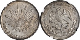 MEXICO. 4 Reales, 1853-Zs OM. Zacatecas Mint. NGC AU-58.
KM-375.9. Superbly detailed with strong vibrancy apparent beneath a blanket of moderate gray...