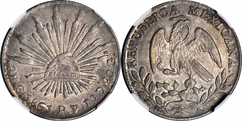 MEXICO. 2 Reales, 1861-C PV. Culiacan Mint. NGC AU-53.
KM-374.3. Nicely detaile...