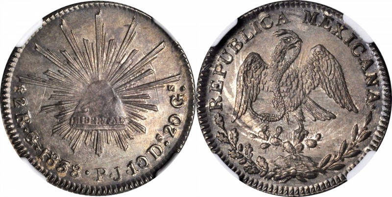 MEXICO. 2 Reales, 1838-Go PJ. Guanajuato Mint. NGC MS-62.
KM-374.8. Sharply det...