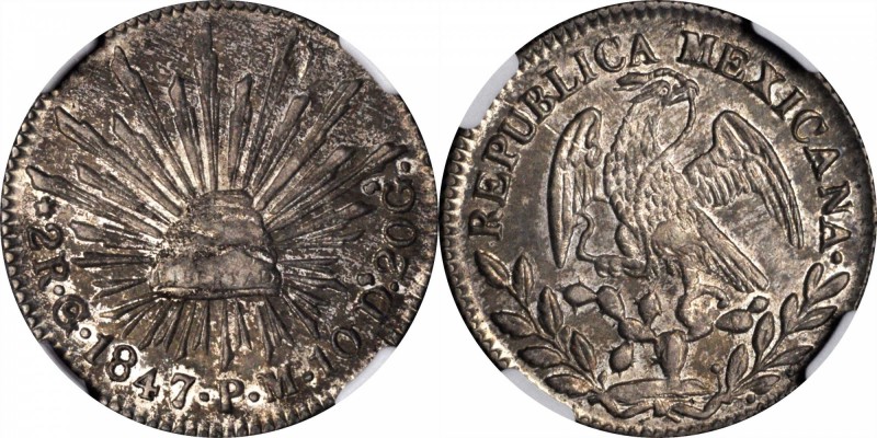 MEXICO. 2 Reales, 1847-Go PM. Guanajuato Mint. NGC AU-55.
KM-374.8. Well struck...