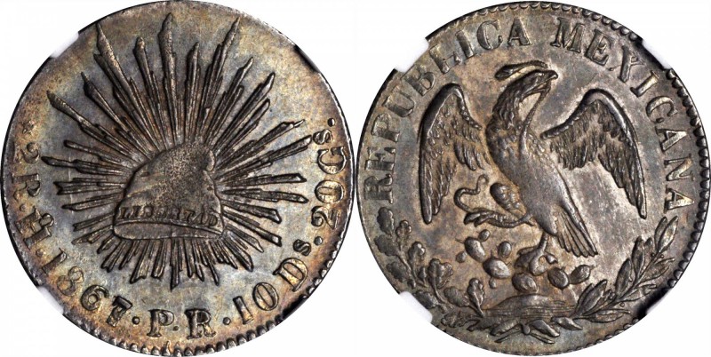 MEXICO. 2 Reales, 1867/1-Ho PR/FM. Hermosillo Mint. NGC AU-58.
KM-374.9. Choice...