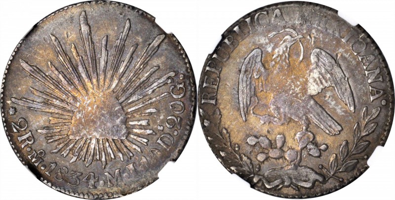 MEXICO. 2 Reales, 1834-Mo ML. Mexico City Mint. NGC AU-50.
KM-374.10. Minimal w...