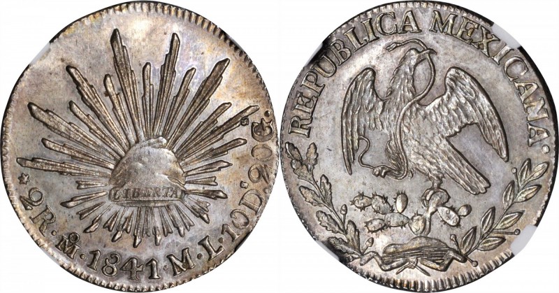 MEXICO. 2 Reales, 1841-Mo ML. Mexico City Mint. NGC MS-62.
KM-374.10. Toned thr...