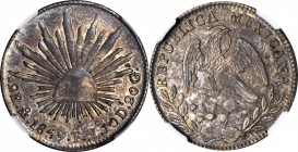 MEXICO. 2 Reales, 1859-Mo FH. Mexico City Mint. NGC AU-55.
KM-374.10. Crisply detailed with attractive multicolored toning and evident underlying lus...