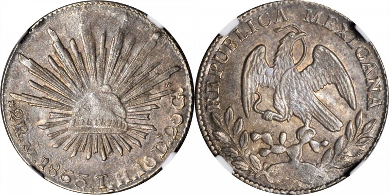 MEXICO. 2 Reales, 1863-Mo TH. Mexico City Mint. NGC MS-62.
KM-374.10. Moderatel...