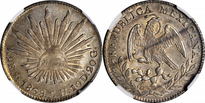 MEXICO. 2 Reales, 1868-Mo CH. Mexico City Mint. NGC MS-63.
KM-374.10. Sharply d...