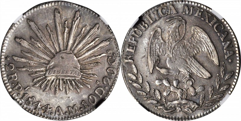 MEXICO. 2 Reales, 1844-Pi AM. San Luis Potosi Mint. NGC AU-55.
KM-374.11. Appro...