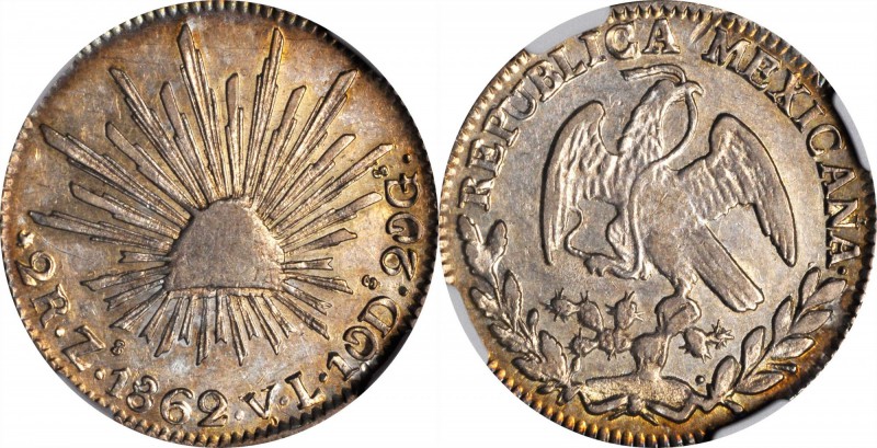 MEXICO. 2 Reales, 1862-Zs VL. Zacatecas Mint. NGC AU-53.
KM-374.12. Abundant re...