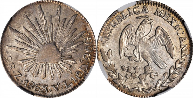 MEXICO. 2 Reales, 1863-Zs VL. Zacatecas Mint. NGC AU-50.
KM-374.12. Slight weak...
