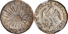 MEXICO. 2 Reales, 1863-Zs VL. Zacatecas Mint. NGC AU-50.
KM-374.12. Slight weakness appears in the centers with abundant remaining luster and a hint ...