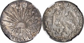 MEXICO. 2 Reales, 1864-Zs VL. Zacatecas Mint. NGC AU-55.
KM-374.12. Variegated gray tone sits over the delicately circulated surfaces.
Ex: Richard P...