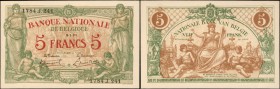 BELGIUM. Banque Nationale de Belgique. 5 Francs, 1921. P-75b. About Uncirculated.
A scarce 1921 National Bank of Belgium 5 Francs with standing a gre...