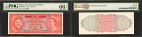 BELIZE. Government of Belize. 5 Dollars, 1975. P-35a. PMG Gem Uncirculated 66 EPQ.
2 pieces. A colorful fully original gem pairing from the early 197...