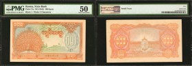 BURMA. Burma State Bank. 100 Kyats, ND (1944). P-21a. PMG About Uncirculated 50.
Bright orange color and excellent centering. Block 1. Just a mention...