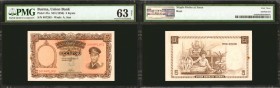 BURMA. Union Bank of Burma. 5 Kyats, ND. P-47a. PMG Choice Uncirculated 63 Net. Staple Holes at Issue, Rust.
An uncirculated piece with tiny at issue...