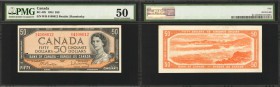CANADA. Bank of Canada. 50 Dollars, 1954. P-BC-42b. PMG About Uncirculated 50.
A bright colored Beattie-Rasminsky French Text QEII 50 Dollar from the...