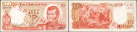 CHILE. Banco Central de Chile. 10 Pesos, 1975. P-150s. Specimen. About Uncirculated.
An About Uncirculated offering of a Chile 10 Pesos specimen note...
