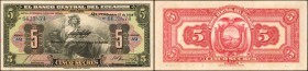 ECUADOR. Banco Central del Ecuador. 5 Sucres, 1938. P-84b. About Uncirculated.
A scarce overprint at center of this watermelon colored 1938 seldom fo...