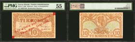 FAEROE ISLANDS. Danish Administration. 10 Kroner, 1940. P-2. PMG About Uncirculated 55.
Bold red overprints on Denmark Pick 31c with a handwritten si...