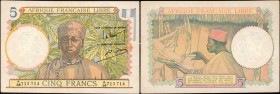 FRENCH EQUATORIAL AFRICA. Afrique Francaise Libre. 5 Francs, ND (1941). P-6. Extremely Fine.
A bend at center with some light corner circulation. Bri...