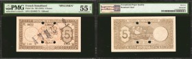 FRENCH SOMALILAND. Banque de l'Indochine. 5 Francs, ND (1945). P-14s. Specimen. PMG About Uncirculated 55 EPQ.
Specimen. Palestinian printer. Origina...