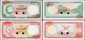 SOMALIA. Banca Nazionale Somala. 5 & 10 Scellini, 1966. P-5s & 6s. Specimen. Uncirculated.
2 pieces in lot. A bright colored pairing of these Somalia...