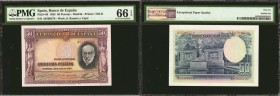 SPAIN. Banco de Espana. 50 Pesetas, 1935. P-88. PMG Gem Uncirculated 66 EPQ.
(Edifil366a) Excellent color and complete originality on one of the fine...