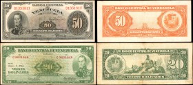 VENEZUELA. Banco Central de Venezuela-Caracas. 20 & 50 Bolivares, 1941-1960. P-32 & 33. Very Fine.
2 pieces in lot. A pair of 20, and 50 Bolivares no...