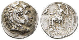 Antike Griechen
Makedonien Tetradrachme (17,24g), 325-320 v. Chr., Alexander III., Side. Av: Herakleskopf mit Löwenfell nach rechts. Rev: Thronender ...