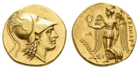 Antike Griechen
Makedonien Stater (8,59 g), 324/23, Alexander III. der Große, Sidon. Av.: Athena mit korinthischem schlangenverziertem Helm nach rech...