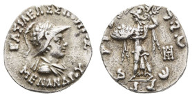Antike Griechen
Baktrien Drachme (2,42g), Menander I., Soter, 155-130 v. Chr. Av: Büste nach rechts. Rev: Athena Alkedimos nach links. Ss.