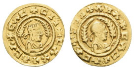 Antike Griechen
Aksum 1/3 Solidus (1,53 g), Gold, um 450, Ebana. Av.: Bekröntes Brustbild nach rechts vor Weizenährenkranz und Umschrift: + CAC + CIN...