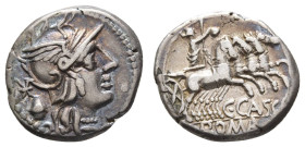 Antike Römer
Münzen Römische Republik C. Cassius, Denar (3,91g), 126 v. Chr., Rom. Av: Romakopf mit Flügelhelm nach rechts, dahinter Wertzeichen und ...