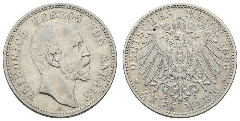 Silbermünzen des Kaiserreichs Anhalt
 2 Mark, 1896, Friedrich I., kl. Rf., ss. ...