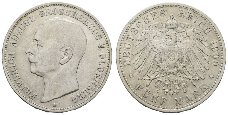 Silbermünzen des Kaiserreichs Oldenburg
 5 Mark, 1900, Friedrich August, kl. Rf...