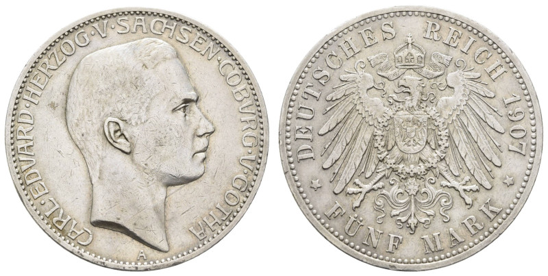 Silbermünzen des Kaiserreichs Sachsen-Coburg und Gotha
 5 Mark, 1907, Carl Edua...